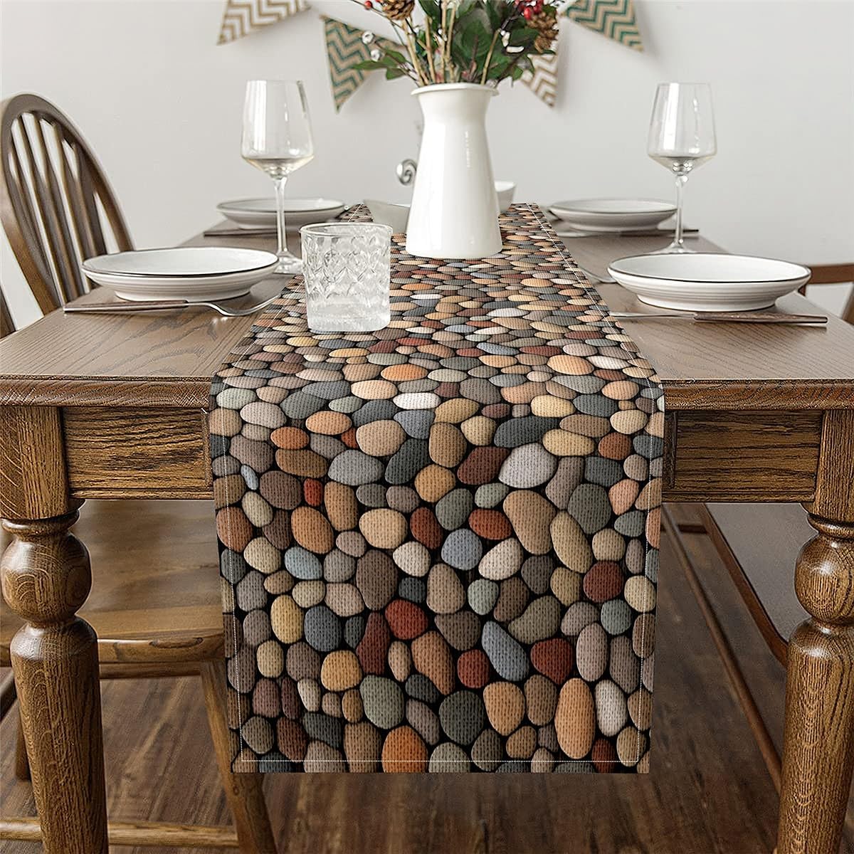 Pebble Table Runner 3D Stone Gravel Cloth for Dining Table - Garden Cobble Print Cobblestone Hawaii Beach Tabletop Decor 48"x13",Grey Brown