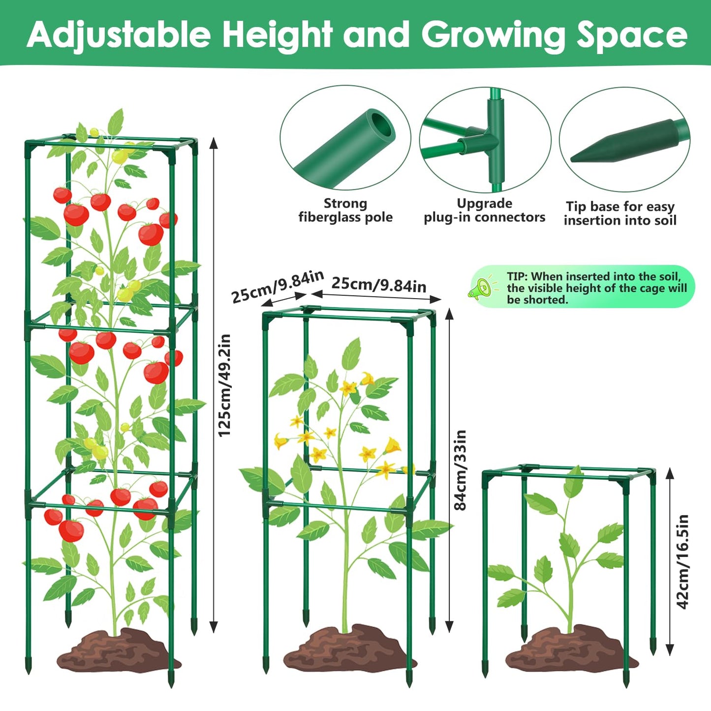 LifeisLuck 3 Pack Tomato Cage for Garden, Upgraded Fiberglass Garden Trellis with 3 PCS Grow Bags, Square Tomato Planter Support Garden Cages for Cucumber Vegetables Vertical Climbing Plants