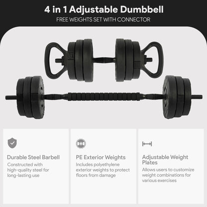 Fitvids Adjustable Dumbbell Set, 60lbs Free Weights Set with Connector, 4 in 1 Changeable Dumbbells and Barbell for Exercise and Fitness, Black/Black