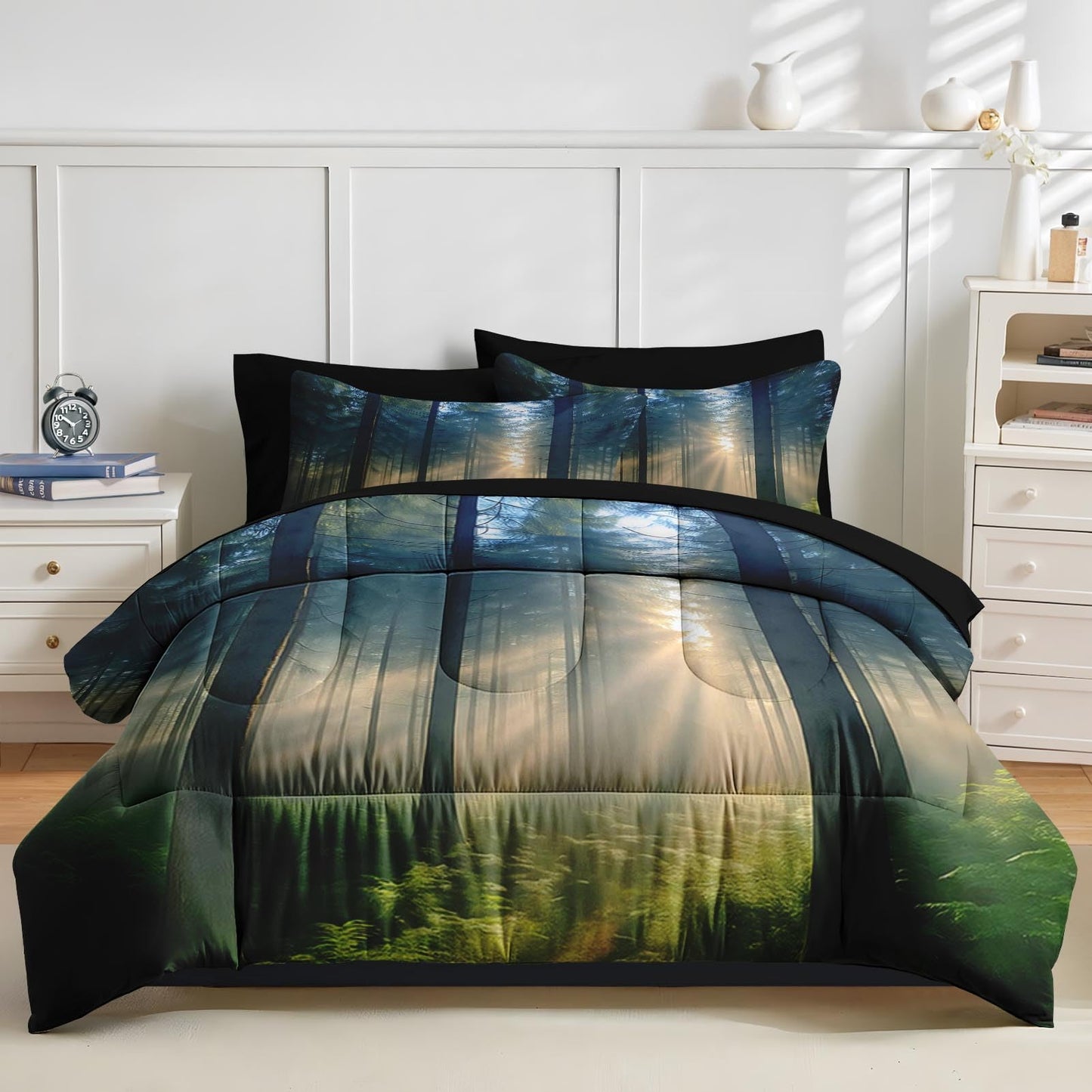 Nesker Comforter Set Queen Size, Sunlit Forest Nature 7 Pcs Bedding for Kids and Adults, Misty Tree Forest Bed Sheet Sets with Fitted Sheet 2 Pillowcases & 2 Shams