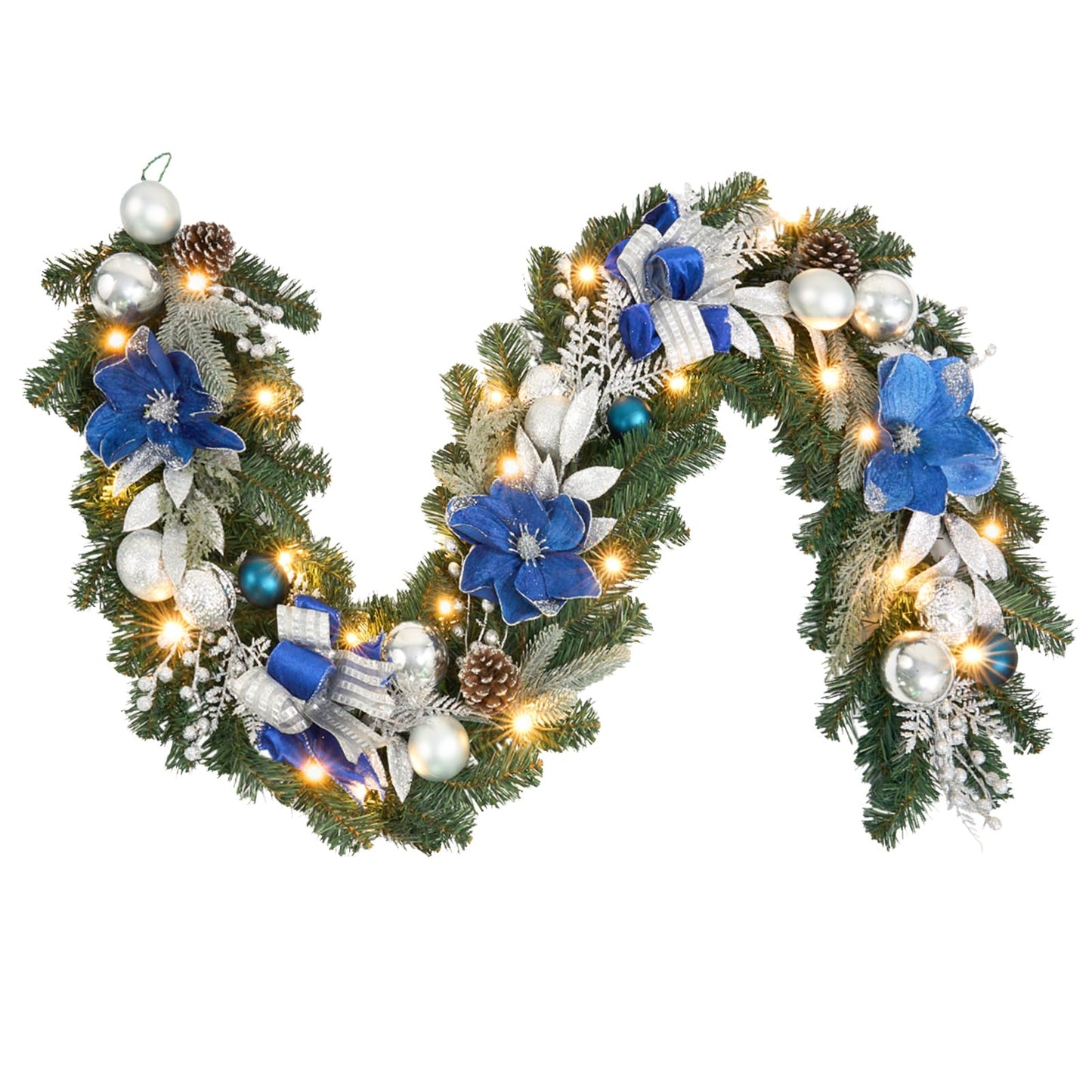 6ft Blue Silver Christmas Garland with Lights for Front Door,Lighted Winter Mantle,Fireplace and Stairs Decor- 20 Timer LED,prelit Magnolia Garland with Sparkle Ornament,Blue Floral Decor