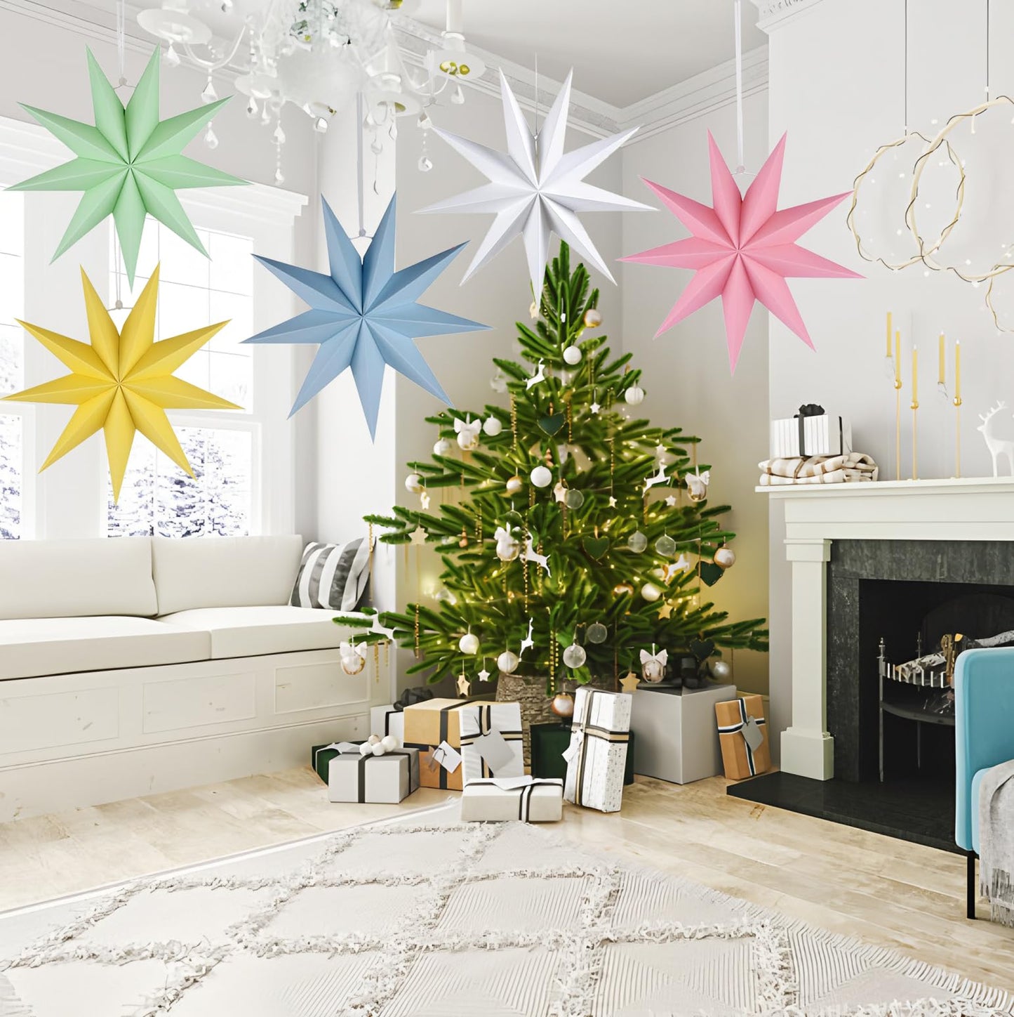 5 PCS Paper 9-Pointed Star Lanterns Hanging Stars Christmas Party Decorations Hanging Lampshade Christmas New Year Wedding Birthday Home Party Decorations(12 Inch) (Macaron 5PCS)