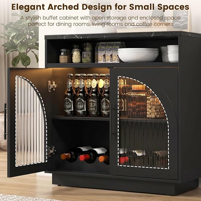 Sideboard Buffet Cabinet with Storage, 31.5" Coffee Bar Cabinet with LED Lights