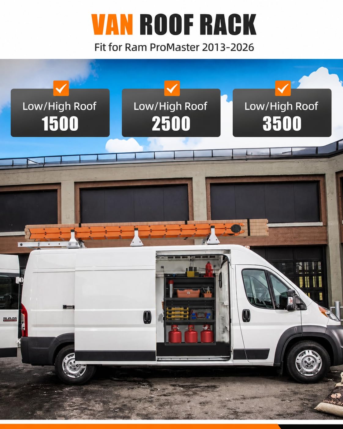 MELIPRON Van Roof Ladder Rack with Rear Roller Fits for 2013-2026 RAM ProMaster, Steel Cargo Van Rack with Anti-Rust Coating, Ideal for Transporting Ladders, Pipes