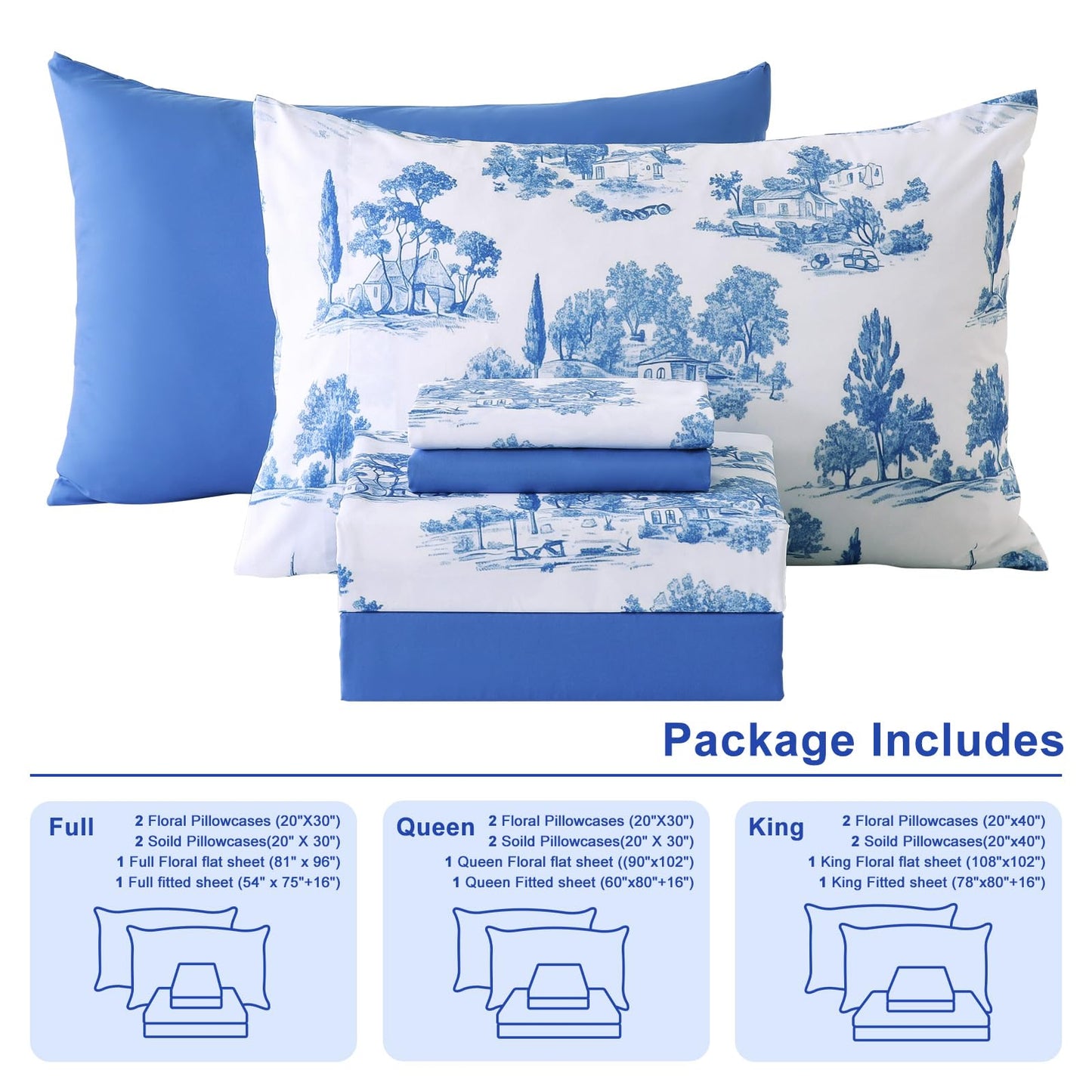 Botanical 6-Piece King Size Sheets Set, Boho Floral Print Brushed Microfiber Sheets, Cooling Bed Sheet Set, Ultra Soft & Breathable, 16' Deep Pocket Fitted Sheet & Pillowcase Set, Blue Floral