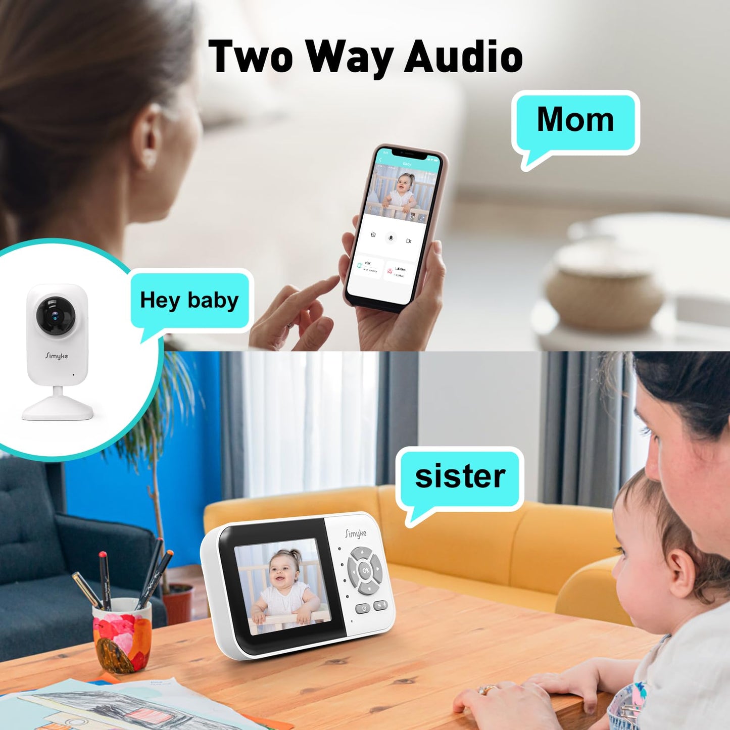 Simyke Upgrade Video Baby Monitor with 2 Cameras and Audio 2.8" Screen, Night Vision, APP, 2 Way Talk, 1200ft Long Range, Feeding Clock, Temperature Detection, Portable Wireless Baby Cam Home Use