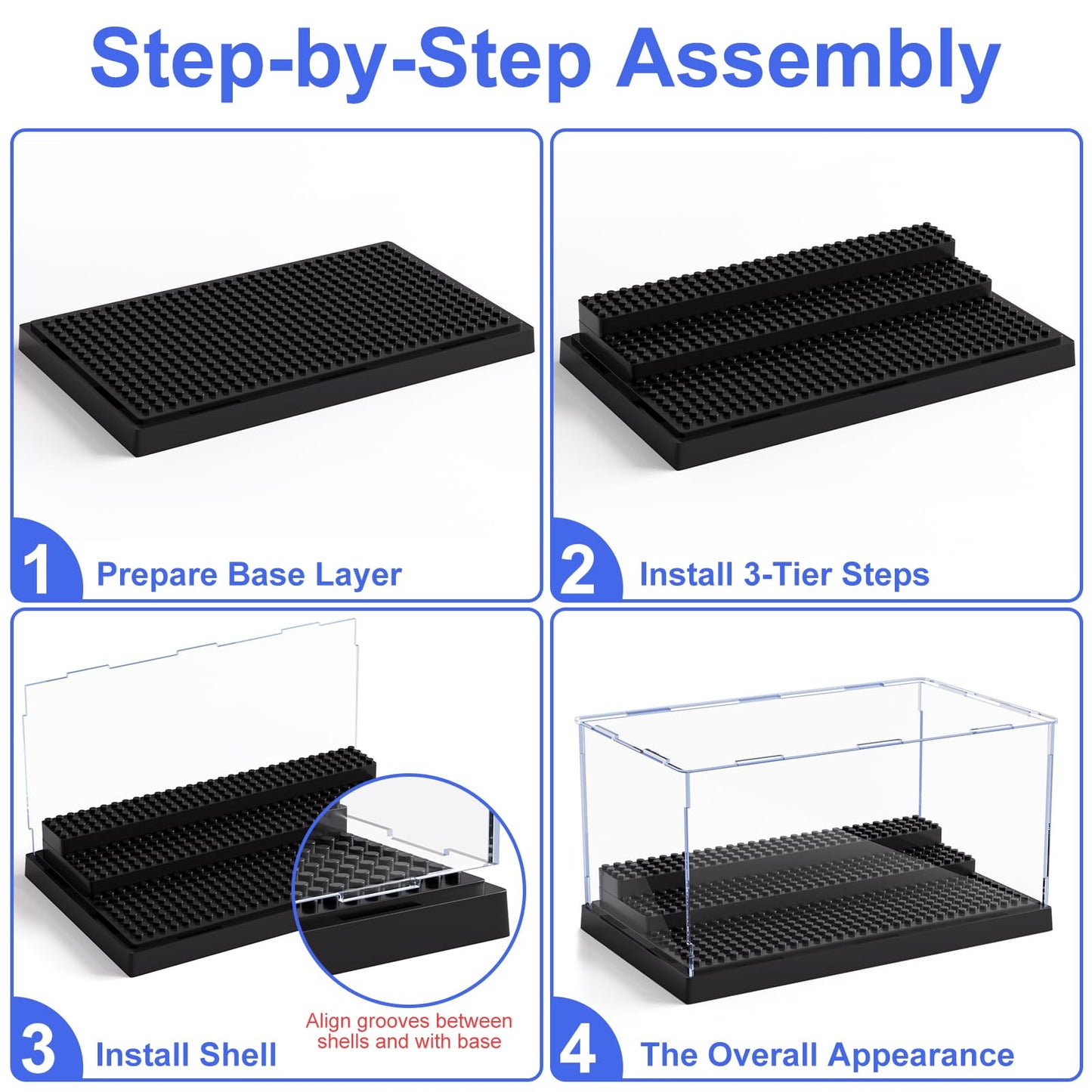 2 Pack Minifigure Display Case for Action Figures Blocks, Clear Dustproof Acrylic Display Box Storage with 3 Movable Steps Gifts for Children,Black…