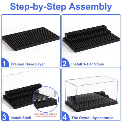 2 Pack Minifigure Display Case for Action Figures Blocks, Clear Dustproof Acrylic Display Box Storage with 3 Movable Steps Gifts for Children,Black…