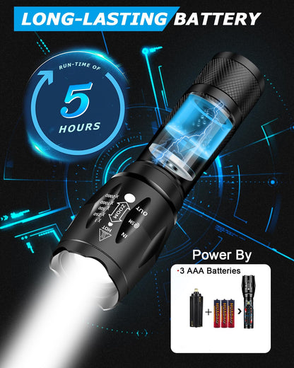 LED Torch Rechargeable Torches Super Bright 2000L Battery Powered Powerful Flashlight L2 CREE Adjustable Focus 5 Modes IP65 Waterproof Outdoor Handheld Pocket Flash Light for Camping Hiking Emergency