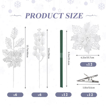 Alupssuc 24 PCS Christmas Tree Decorations, 12 PCS Poinsettia Flowers Artificial+6 PCS Glitter Holly Berry Stems+6 Berry Leaves Christmas Tree Picks for Party Wreath Fireplace, White