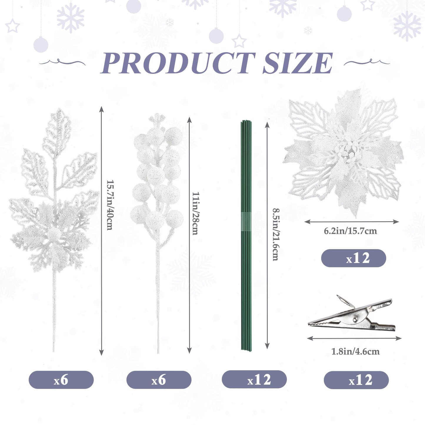Alupssuc 24 Pcs Artificial Glitter Christmas Tree Picks, Boxed 12 Poinsettia Flowers+ 6 Berry Stems+ 6 Flowers Berry Leaves Decorations Set, Indoor Outdoor Holiday Ornaments Decor, White