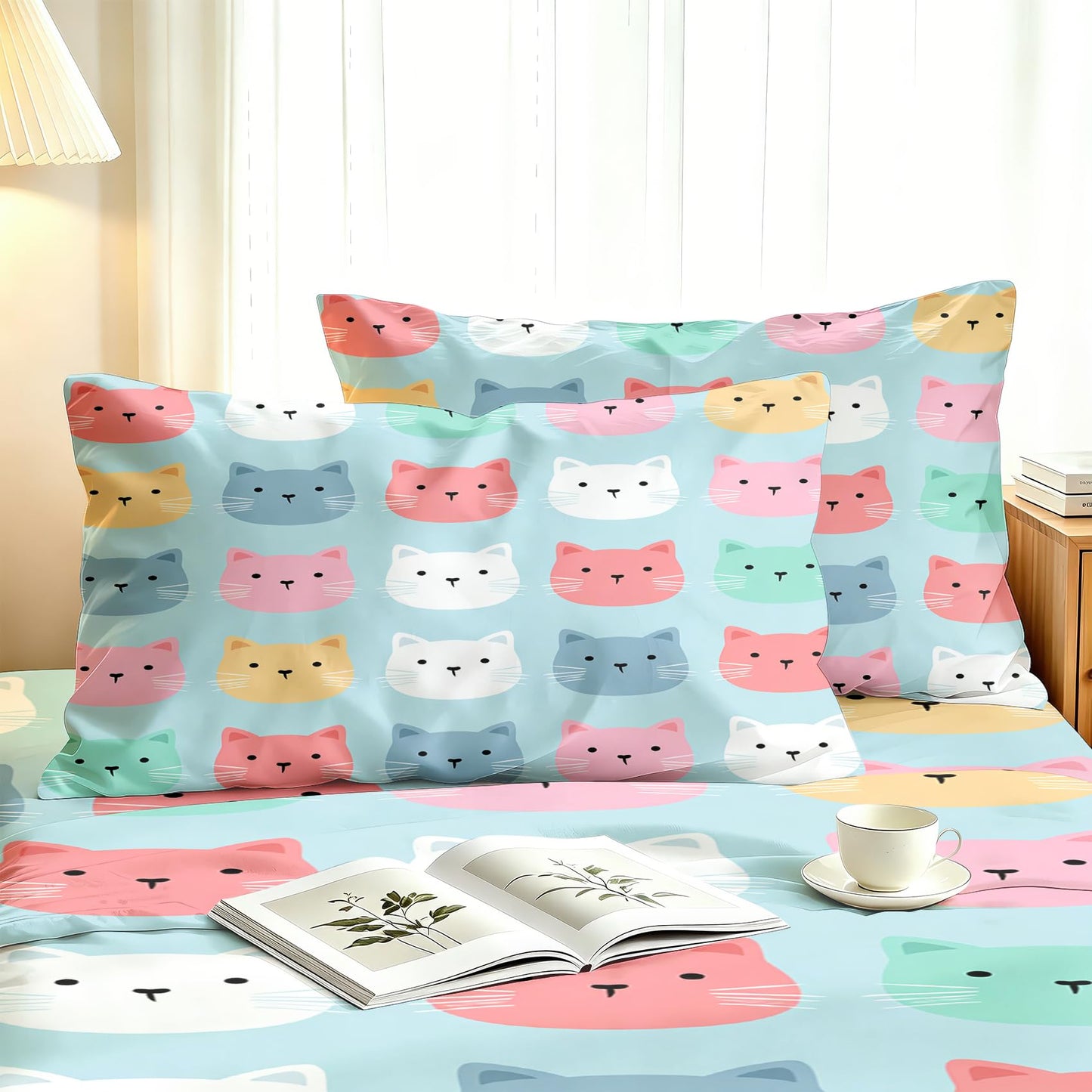 Cute Cat Sheet Set, 4 Pcs Full Size Girls Kitten Bed Sheets