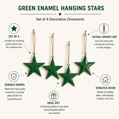 Green Star Hanging Ornaments Set of 4 – Rustic Farmhouse Decor, Christmas Tree Ornaments, Wall & Door Hanging Stars for Home, Holiday, Winter & Festive Decorations