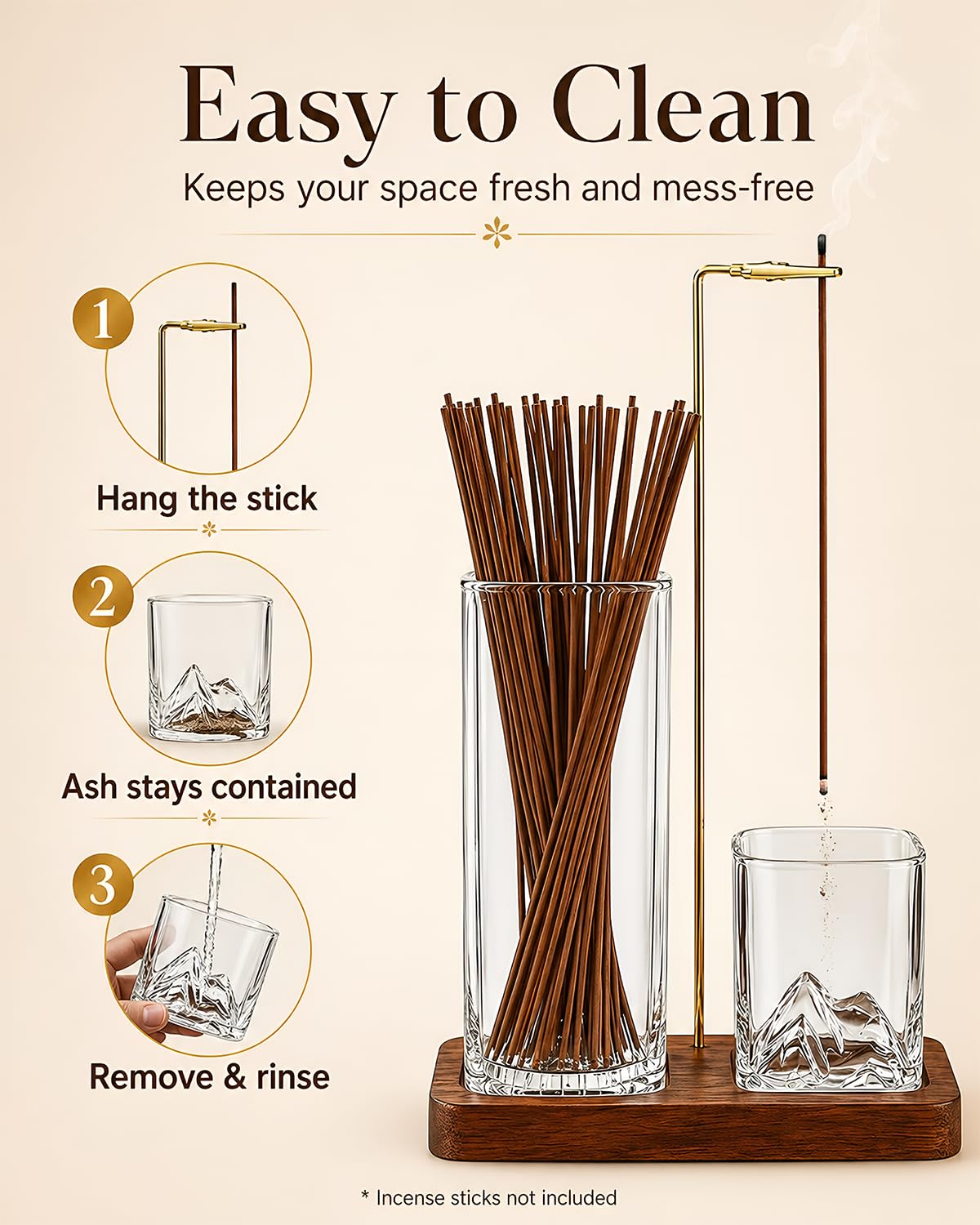 Incense Holder for Sticks, 2 in 1 Glass Incense Burner with Storage, Solid Sapele Wood Base, Removable Mountain Ash Catcher, Vertical Windproof Stand for Outdoor, Meditation (Dark Walnut)