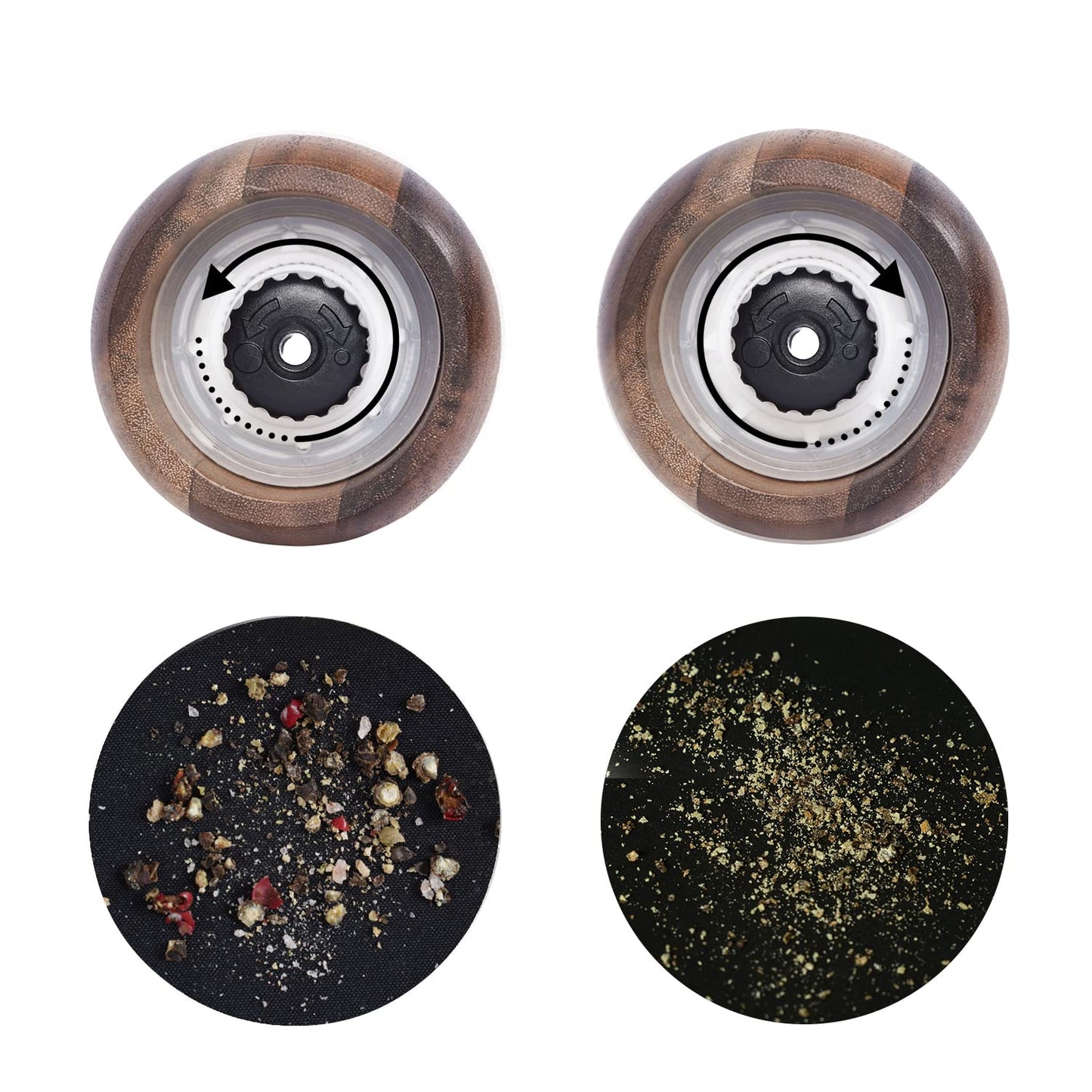 DeroTeno Salt and Pepper Grinder Set with Mill Tray, Set of 2 Salt and Pepper Mill with Ceramic Grinder Acacia Wood, Height 13 cm / 5 inch, Dia 6 cm