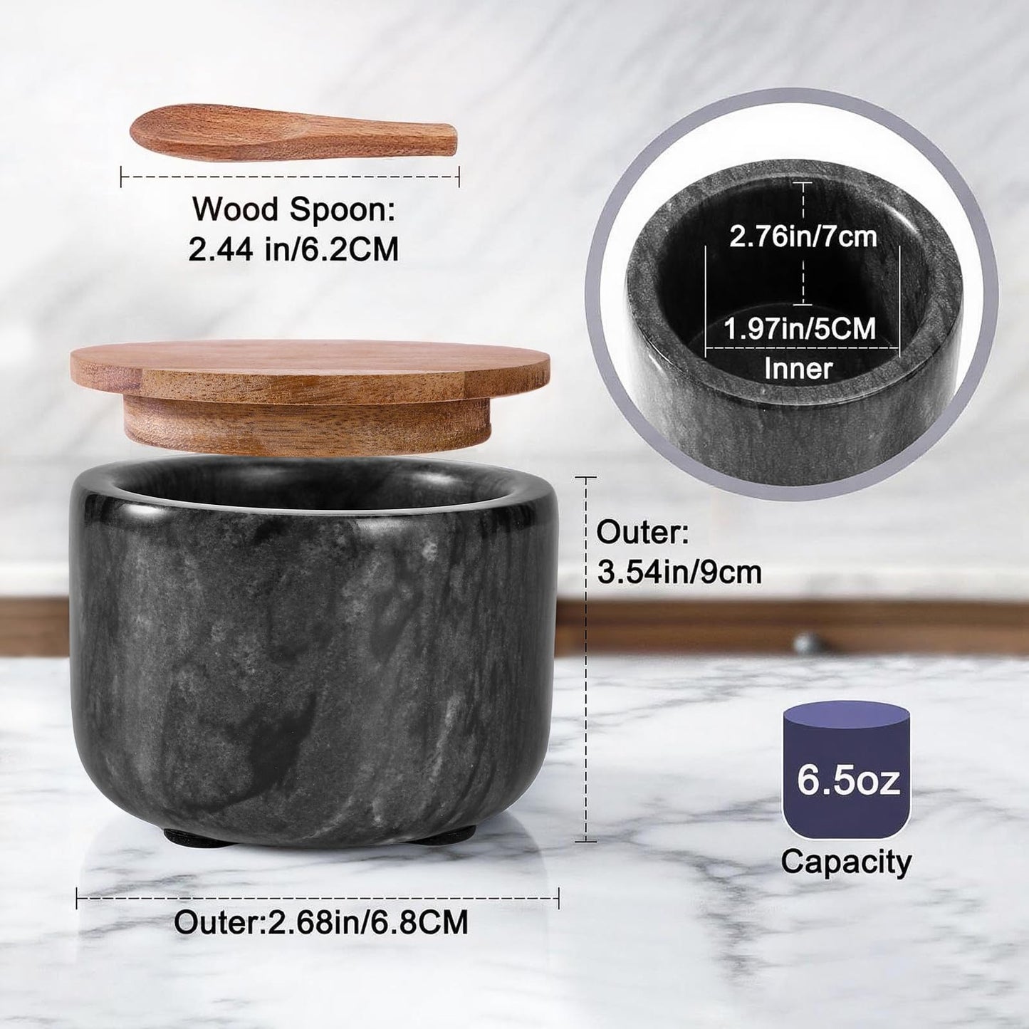 RAETTER.LY Salt and Pepper Bowl, Marble Salt Cellar and Spices Storage Container With Built-in Spoon and Acacia Wood Lid - 6.5oz Capacity (Black)