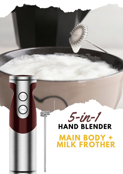 MegaWise Pro Titanium Reinforced 3-in-1 Immersion Corded Hand Blender, Powerful MOTOR with 80% Sharper Blades, 12-Speed Corded Blender, IncludingWhisk and Milk Frother (3-in 1 Red)