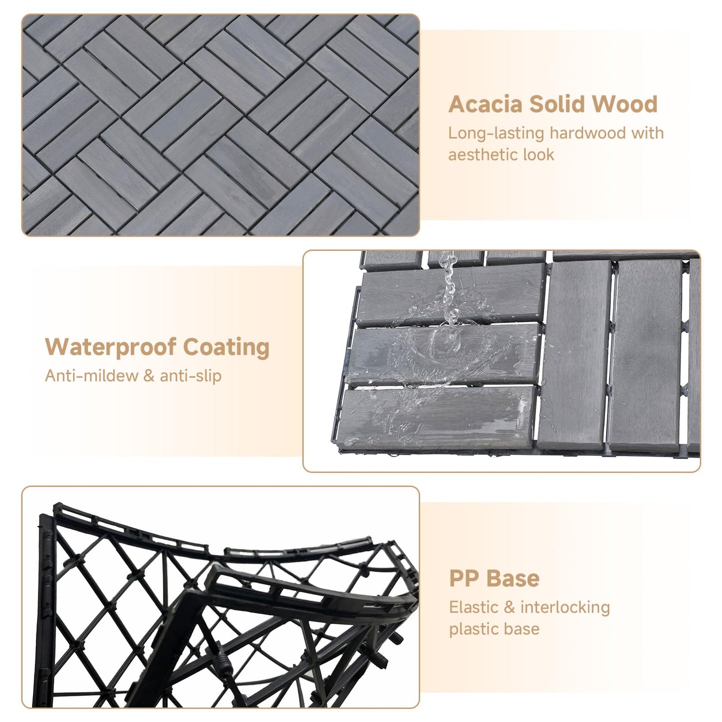 Rovibek Acacia Wood Interlocking Deck Tiles, 30PCS 12"x12" Outdoor Waterproof Decking Tiles, All Weather Use for Balcony Patio Backyard Poolside, Indoor & Outdoor, Checker Gray