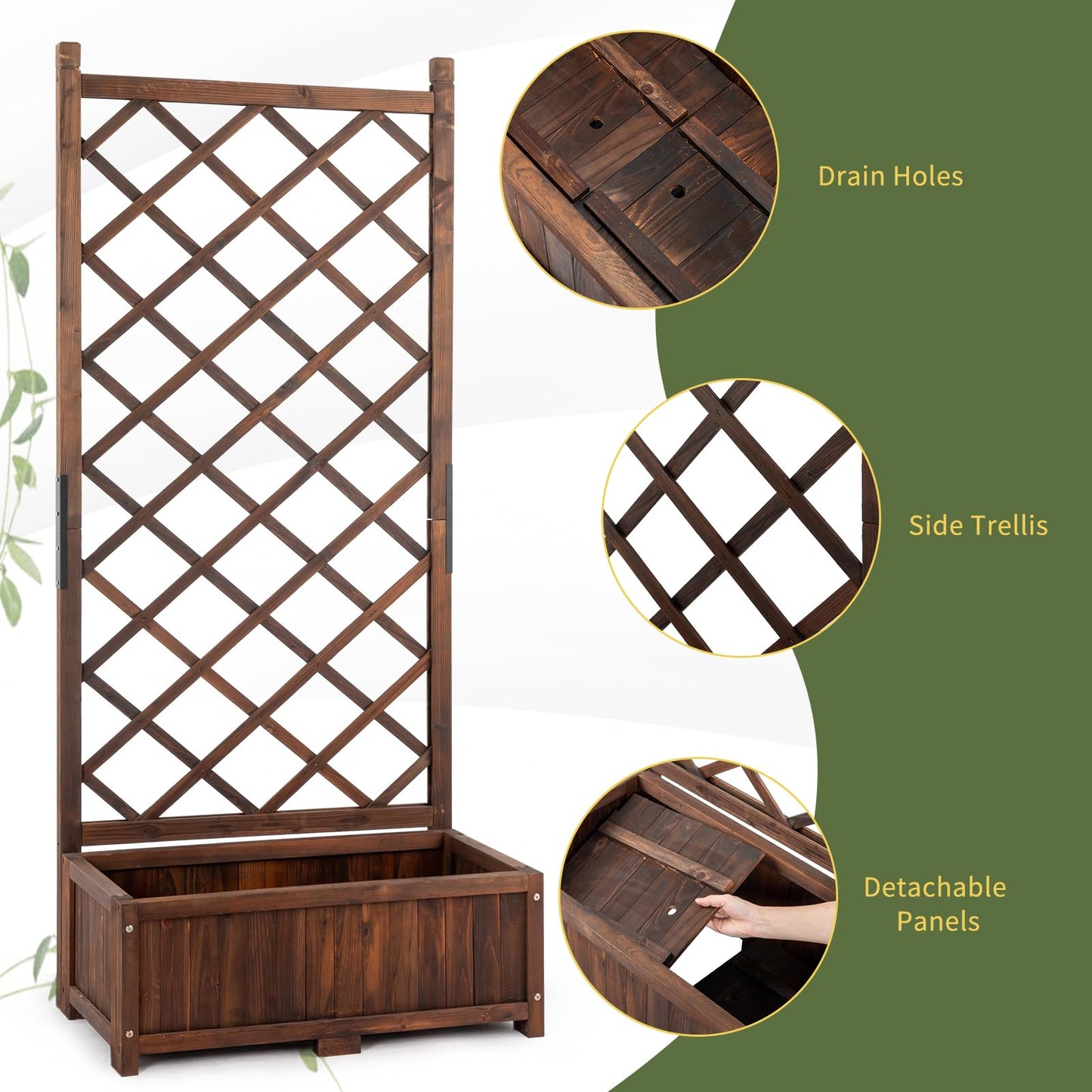 Outvita Wood Planter with Trellis, 29" x 17" x 67" Outdoor Raised Garden Bed with Drainage Holes, Vertical Standing Planter Box for Climbing Plants Vegetable in Garden, Patio, Balcony (Brown)
