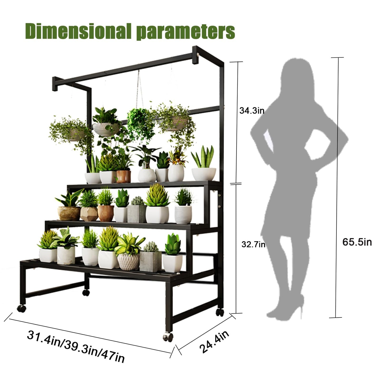 GFFQLXHT 4Tier Sturdy Metal Plant Stand with Wheels, 31x24x65 Inch HighBlack Multiple Tiered Flower Display ，Heavy Duty Succulent Shelf for Home Indoor and Outdoor，Stair Shape，440 LBS Capacity (31in)