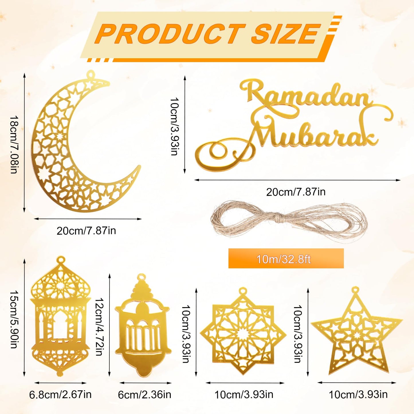 6pcs Ramadan Ornaments, Acrylic Ramadan Kareem Decoration Eid Mubarak Pendant Wind Light Moon Star Shaped Ramadan Decor for Hanging on Walls Windows Trees (Golden)