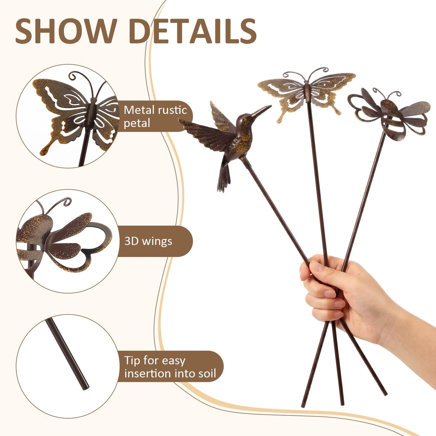 AceOrbit 6 Pcs Rusty Yard Stakes Spring Decor 11.8" Metal Butterfly Hummingbird Bee Stakes Rust Proof Plant Sticks Flowers Bed Decor for Farmhouse Outdoor Yard Lawn Patio Walkway Pathway (Insect)