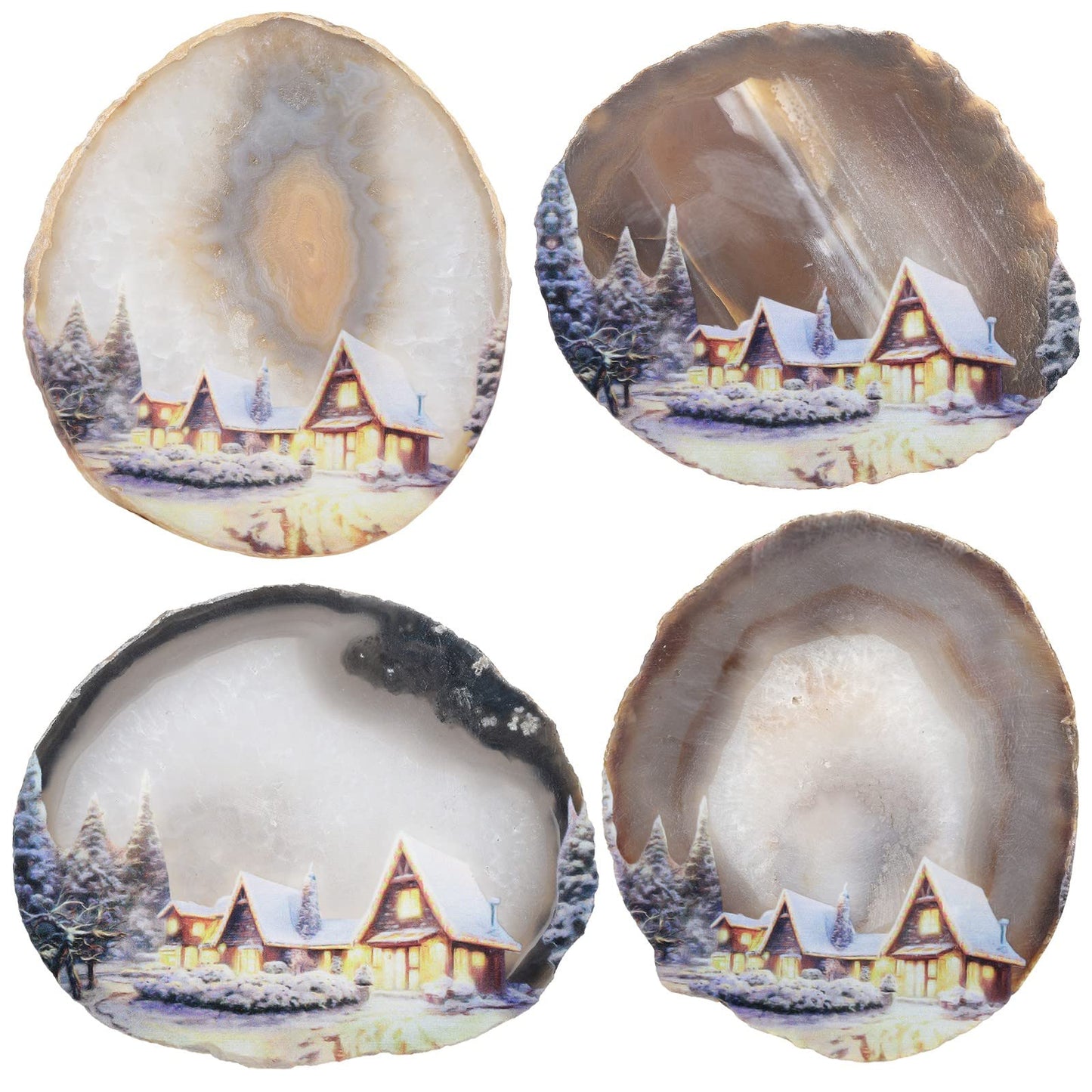 TUMBEELLUWA Natural Irregular Agate Slice Painting Decor with Wooden Stand Agate Geode Slab for Desk Hallway, Snowy Night