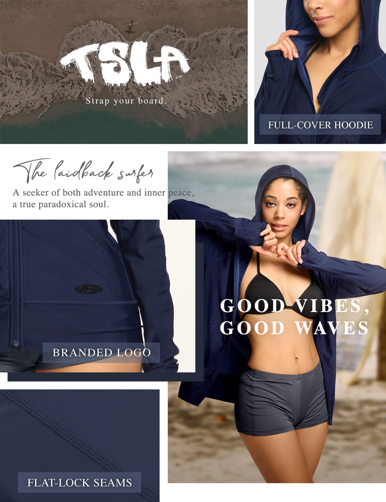 TSLA Women's Hoodie Zip Front Rash Guard, UPF 50+ Long Sleeve Swim Shirts, UV/SPF Sunscreen Wetsuit Swimsuit Top, Flow Navy, X-Small