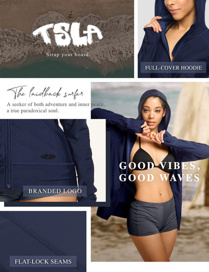 TSLA Women's Hoodie Zip Front Rash Guard, UPF 50+ Long Sleeve Swim Shirts, UV/SPF Sunscreen Wetsuit Swimsuit Top, Flow Navy, X-Small