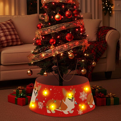 Dog Christmas Tree Collar Corgi Christmas Decor Red Tree Skirt with LED Light Ring Base Cover for Christmas Trees Decoration Holiday Indoor Outdoor