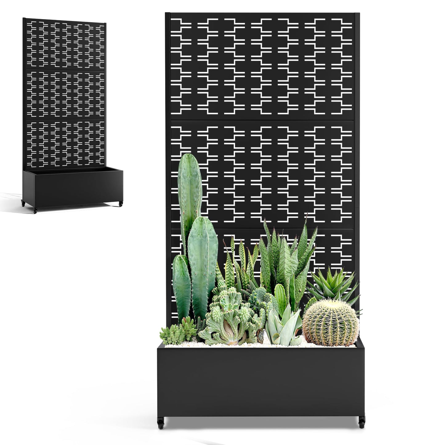 PolarcoForgeco Planter Box with Trellis and Wheels, Metal Privacy Screen with Garden Beds Outdoor for Climbing Plants, Standing Planter Boxes with Drainage Holes (35" L×16" W×71" H, Black Rectangle)