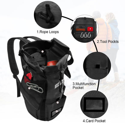 AOLEBA Arborist Rope Storage Bag Tree Climbing Rock Rope Bucket Backpack Rope Storage Bag 200' Large Capacity 1680D Thicken Nylon Material with Hand Straps, Side Pockets - Black