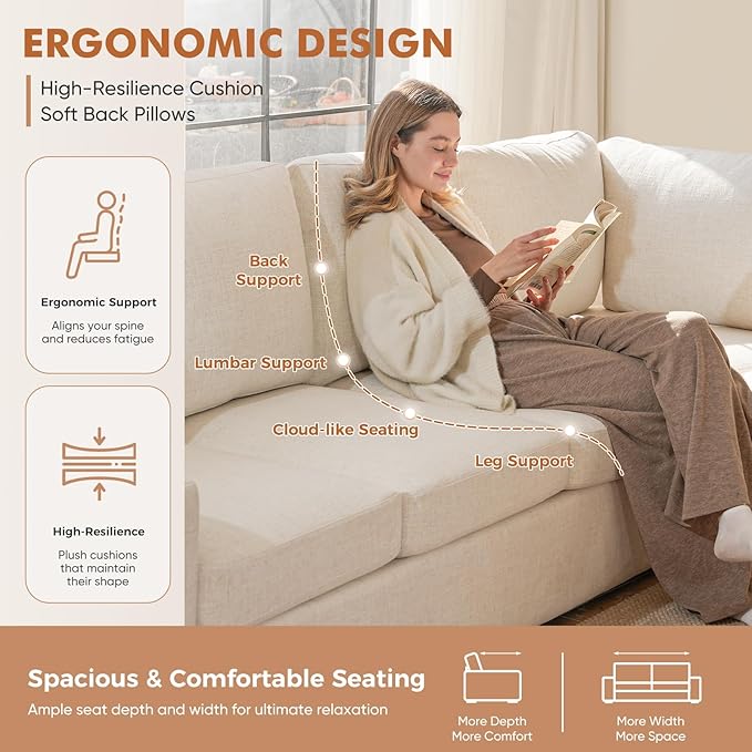ABCASA 85'' Modern Couches for Living Room, 3 Seater Comfy Sofa