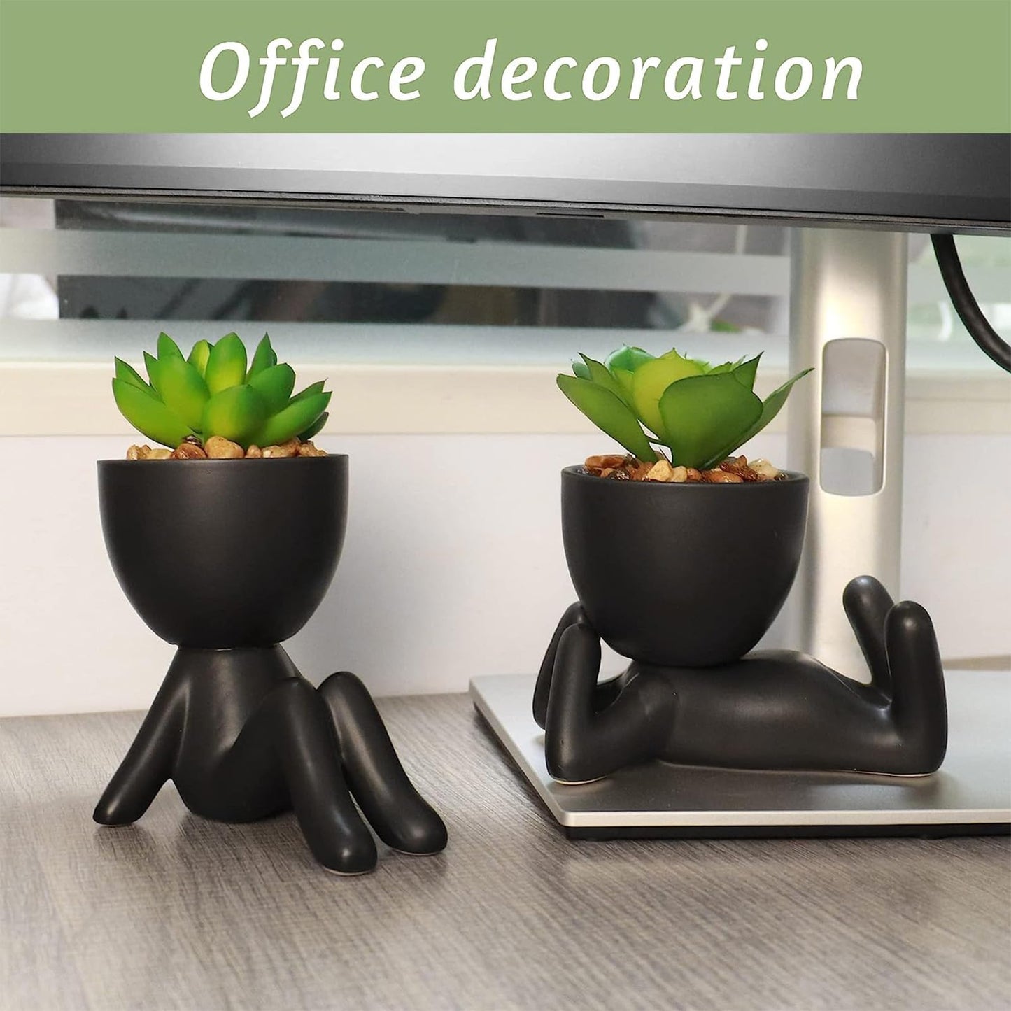 Zerzsy 3 PCS Cute Artificial Succulent Plants with Creative Ceramics Human Shaped Pots, Mini Potted Plants Black Bathroom Fakeplants, Faux Succulent Desk Decor for Home Office Shelf Decor
