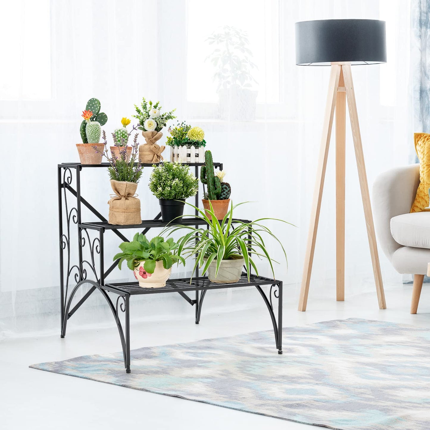 Giantex 3 Tier Metal Plant Stand, Black Corner Plant Stand Indoor w/ Widened Grid Shelf & Non-Slip Foot Pads, Display Rack Holder for Outdoor Porch Garden Patio Balcony