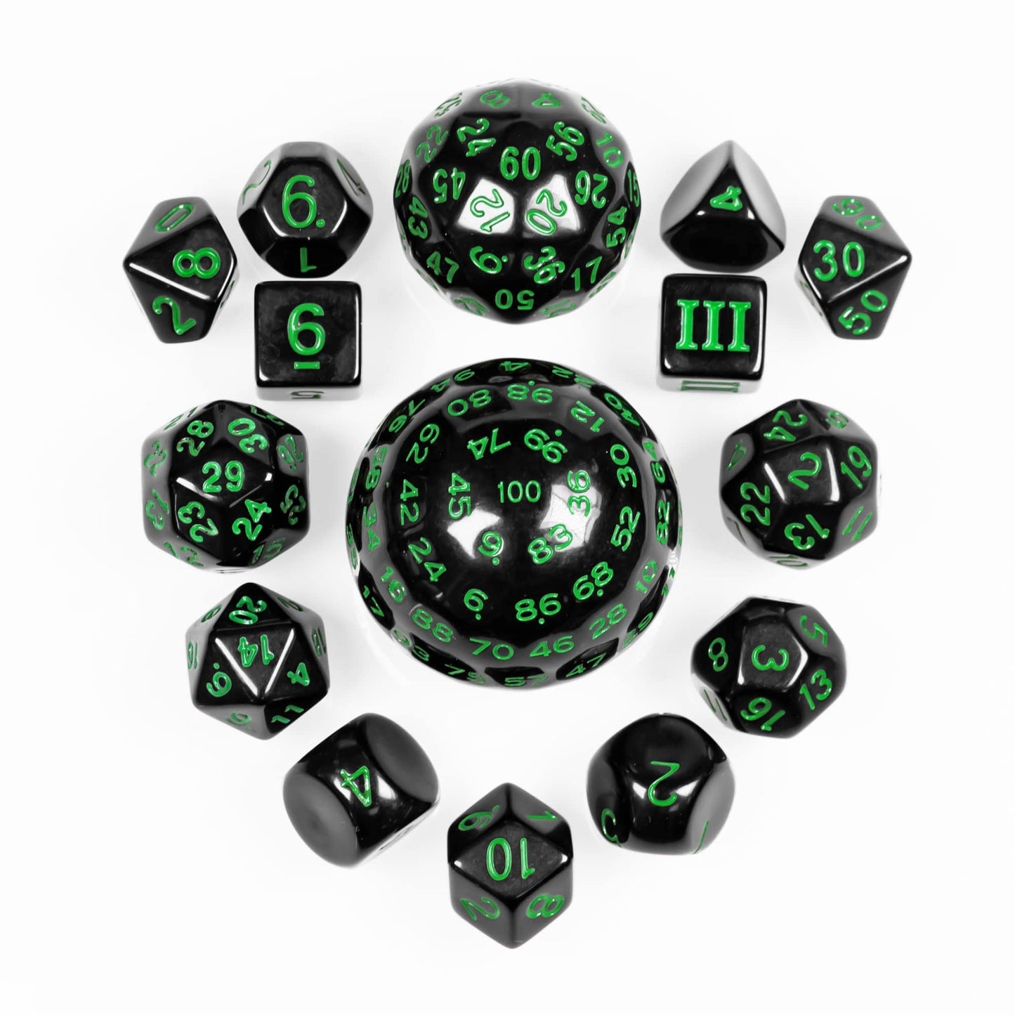 Poludie 15 Pieces Complete Polyhedral DND Dice Set D3-D100 Spherical D&D Dice Set with Dragon Eye Dice Bag, D100 Dice for Dungeons and Dragons, RPG Table Games(Black w/Green Numbers)