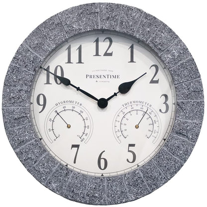 Presentime & Co Sandstone Outdoor Clock with Thermometer & Hygrometer as All in one Weather Station, 14", Gray Sandstone Finish. Weather Thermometer, Outdoor Décor, Wall Décor.