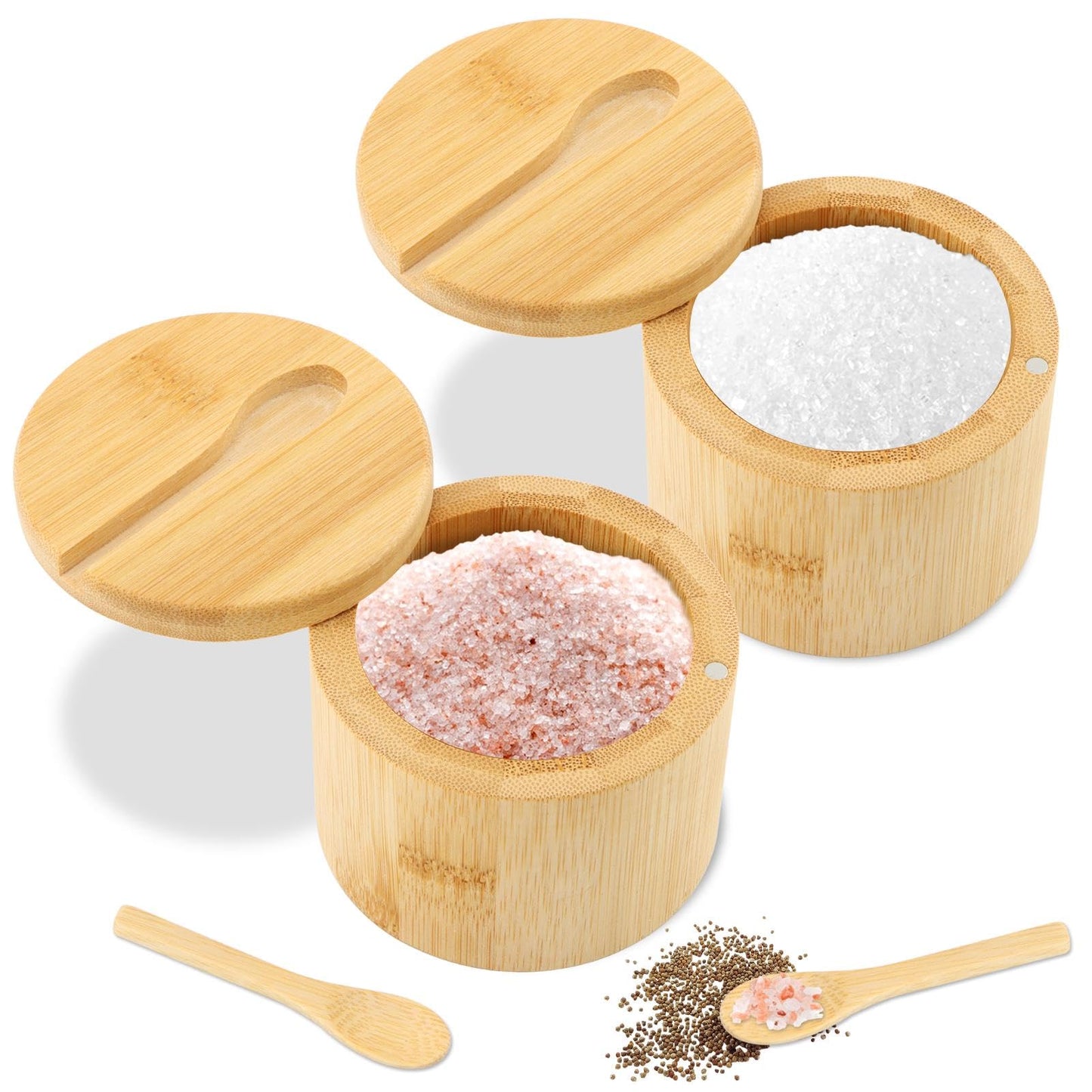 Jeyntanc 2Pcs Bamboo Salt Cellar with Magnetic Swivel Lid & Spoon, 6 oz Spice Bowl Bamboo Storage Box Salt Container to Storage Pepper, Table Salt, Gourmet Salts, Spice, Sugar(SIZE:6 oz)