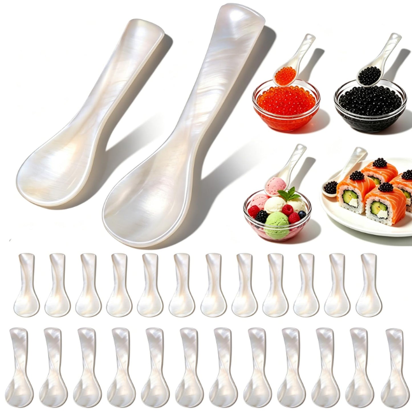 24Pcs Caviar Spoon,Mother of Pearl Spoons for Caviar, Set of 12PC 3.54 inch &12PC 2.83 inch Shell Spoon, Handcraft Round Handle for Caviar, Egg, Ice Cream, Salt, Coffee Serving, Restaurant Serving Set