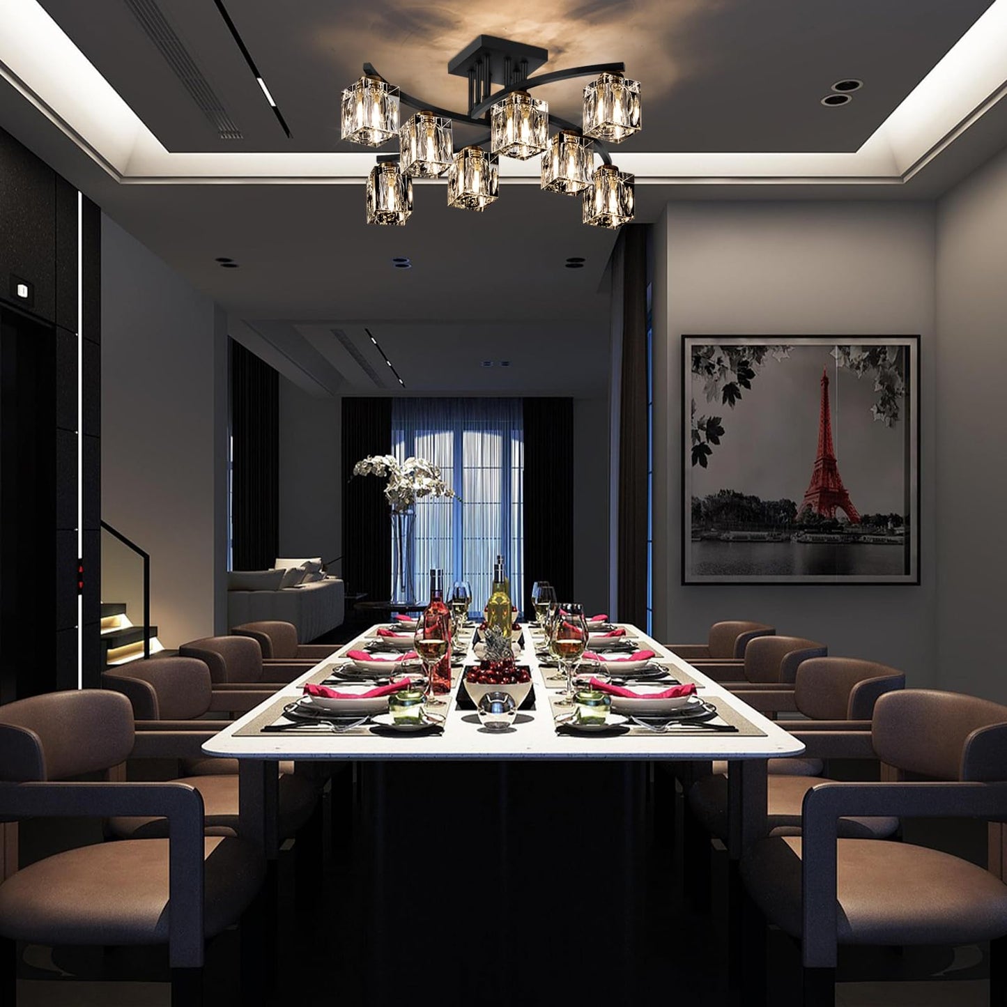 LIXDRASK Crystal Semi Flush Mount Ceiling Light with 8-Lights Black Sputnik Ceiling Light Fixture Modern Chandeliers for Dining Room Living Room Kitchen Island Bedroom Hallway