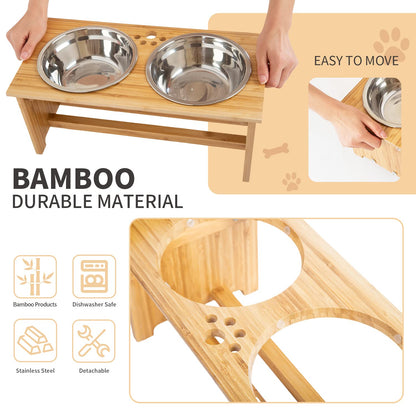 FOREYY Raised Dog Bowls for Cats and Dogs - Bamboo Elevated Dog Cat Food and Water Bowls Stands Feeder Dishes with 2 Stainless Steel Bowls and Anti Slip Feet (Small - 10 cm high)