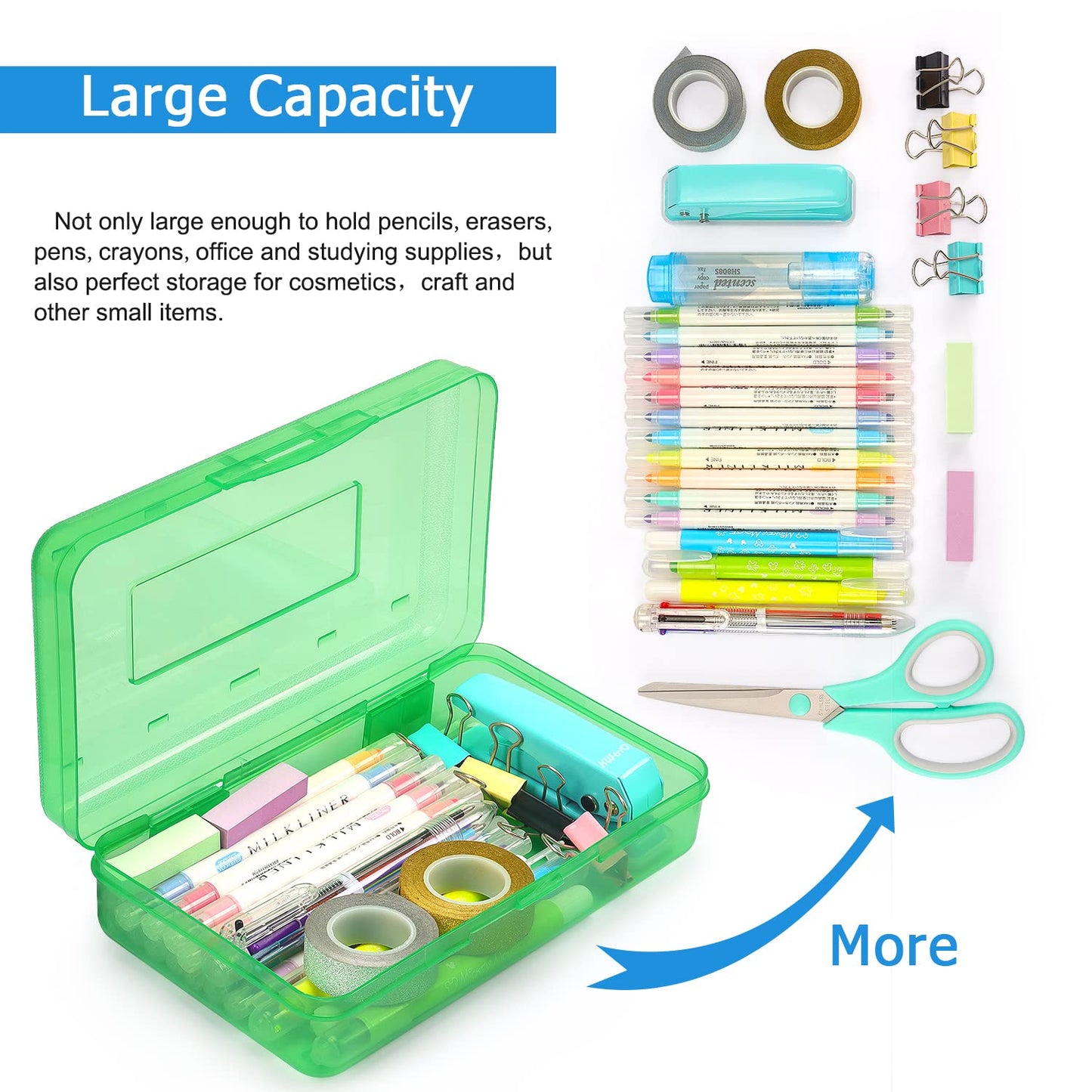 Tamaki 1 Pack Plastic Pencil Box Large Capacity Pencil Boxes Clear Boxes with Snap-tight Lid Stackable Design and Stylish Office Supplies Storage Organizer Box, Green