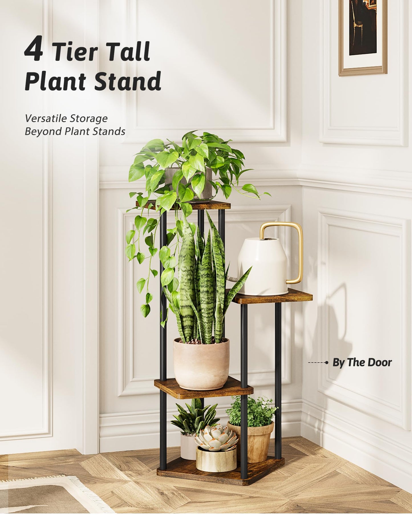 GENTINGBRO Tall Plant Stand Indoor 4 Tiered Plant Shelf for Multiple Plants Coner Shelf Stand Wood Plant Stand Metal Shelving for Living Room Bedroom Balcony Patio Brown Oak