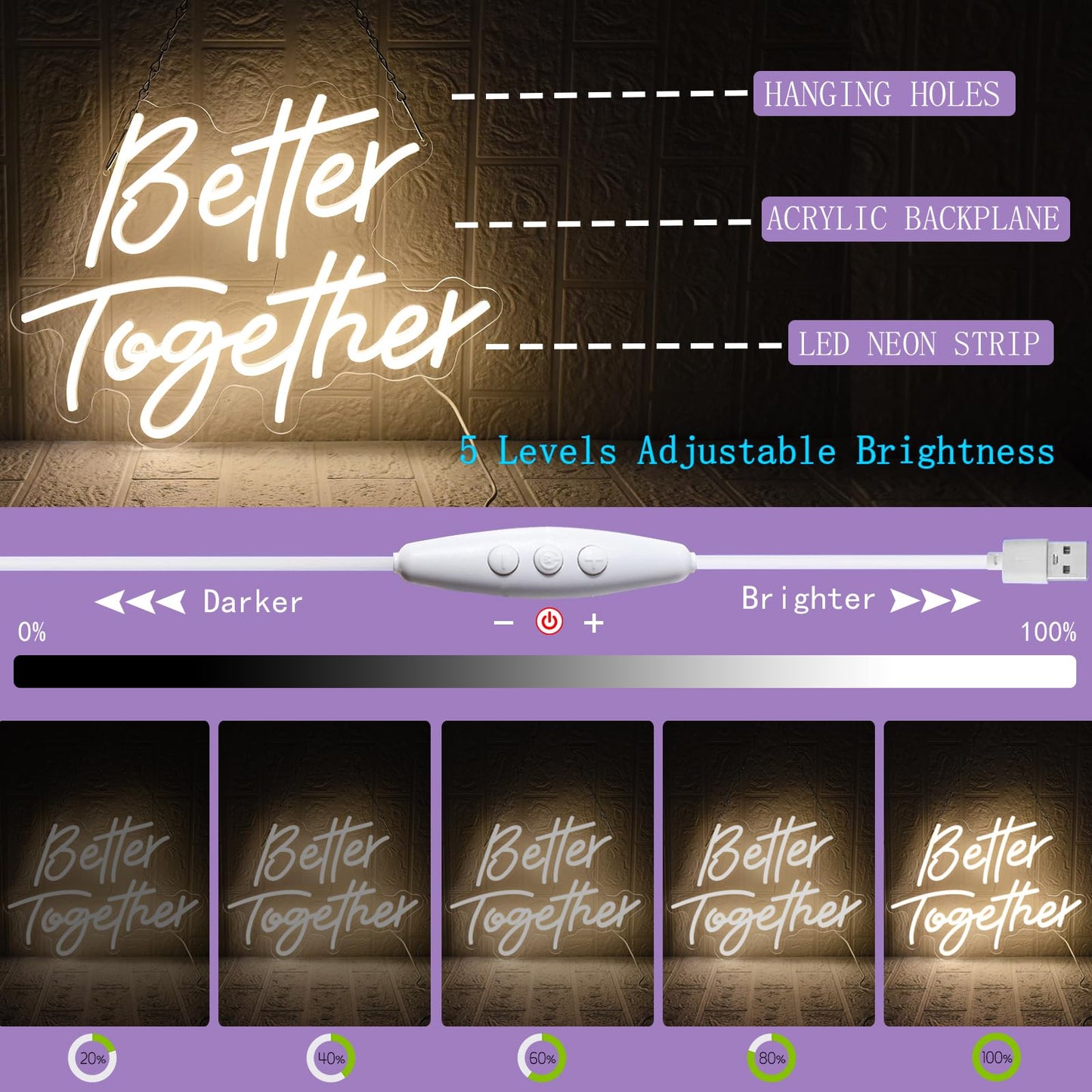 UExnkj-Y Better Together Neon Sign, Wedding Neon Sign, LED Neon Light for Wall Decor, Warm White Led Neon Light USB Dimmable Letters Neon Signs for Wedding, Engagement Party