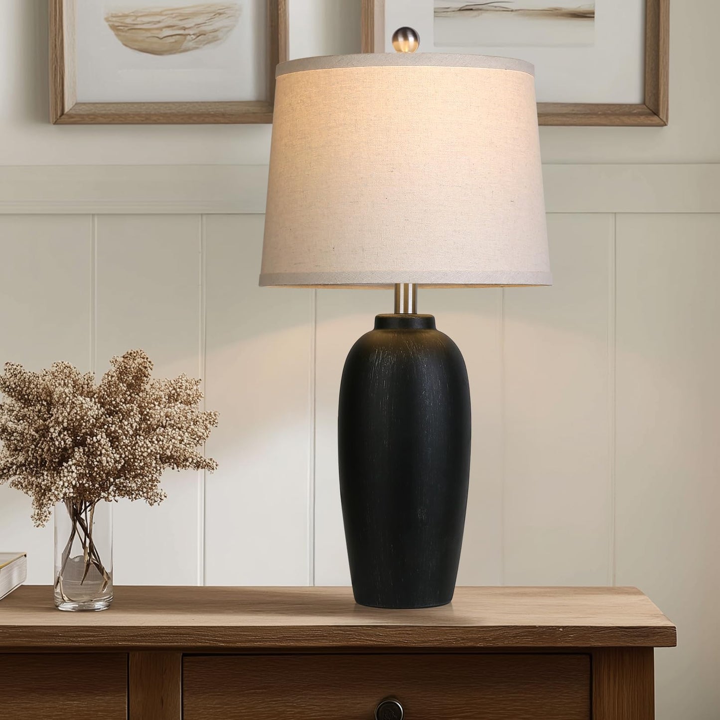 MOUVOVO Jar Table Lamps Set of 2, 25" Ceramic Bedside Lamps for Living Room, Black Farmhouse Nightstand Lamps for Bedroom