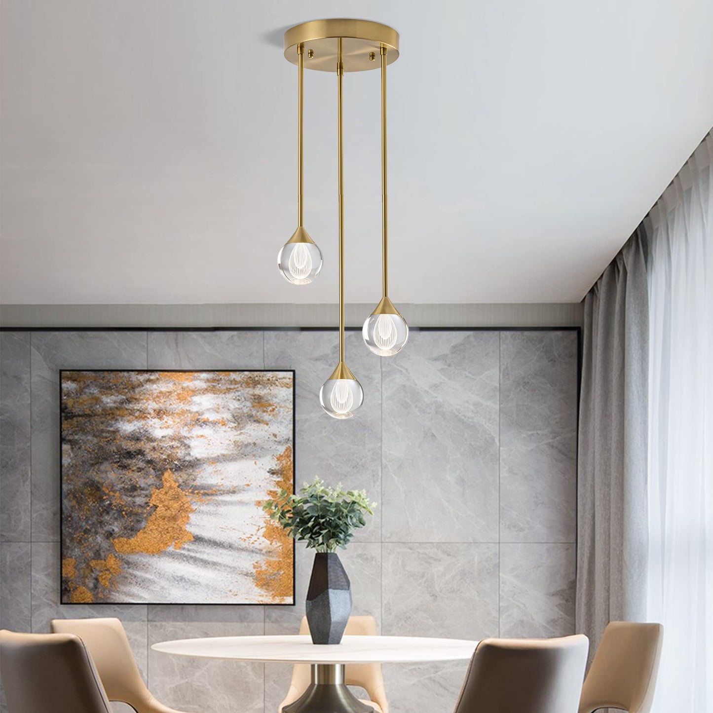 SUNMOO 3-Light Teardrop Crystal Pendant Light, Dimmable LED Crystal Globe Hanging Light Fixture, Modern Ceiling Pendant Lighting for Kitchen Island Dining Room Bedroom Bar 3000K 24W Brush Brass