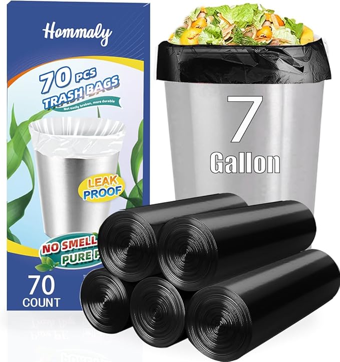7 Gallon 70 pcs Black Trash Bags Strong Black Garbage Bags, Bathroom Trash Can