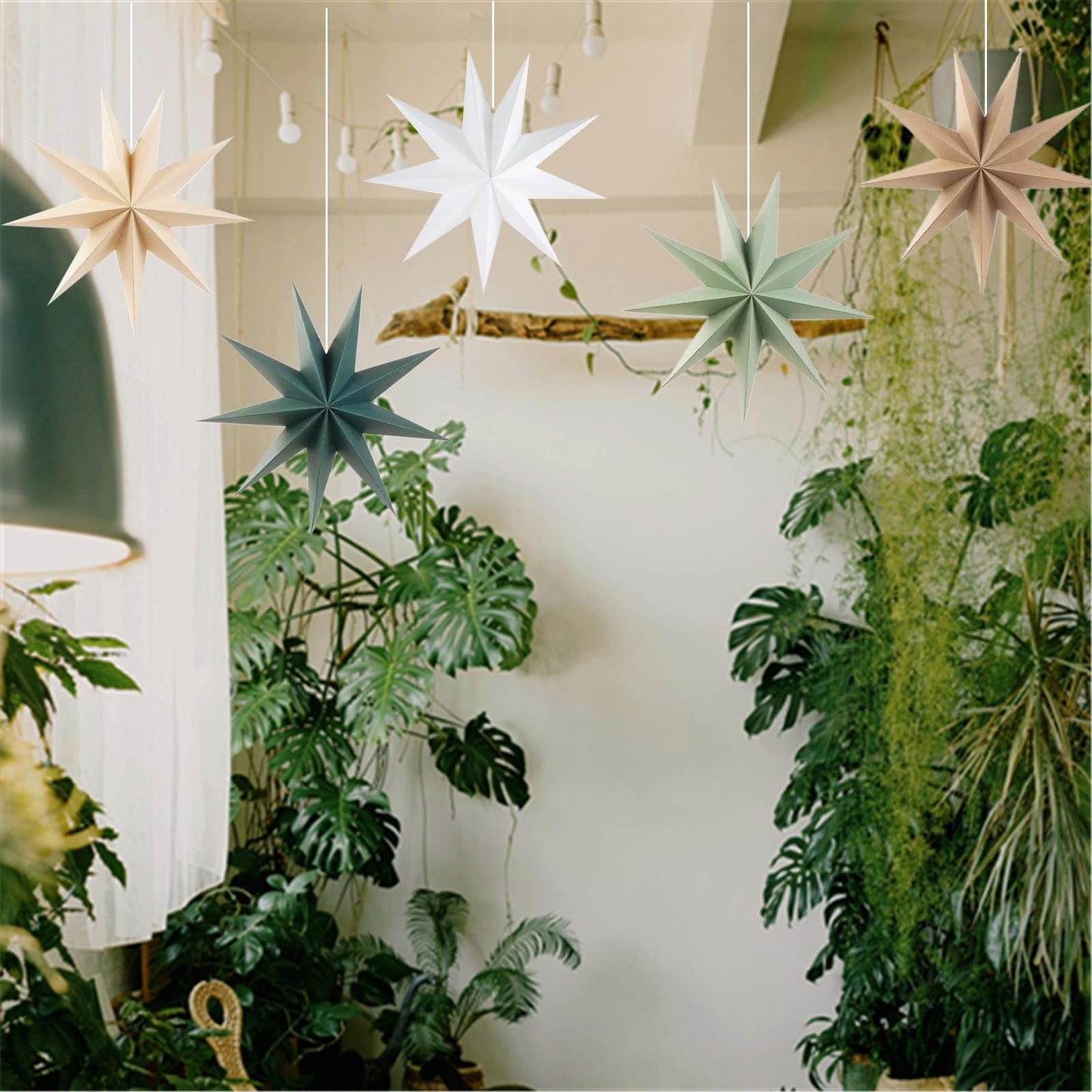 5Pcs Sage Green Paper Star 12 Inch 9-Pointed Hanging Star Lanterns for Christmas Wedding Birthday Home Winter Party Decortion