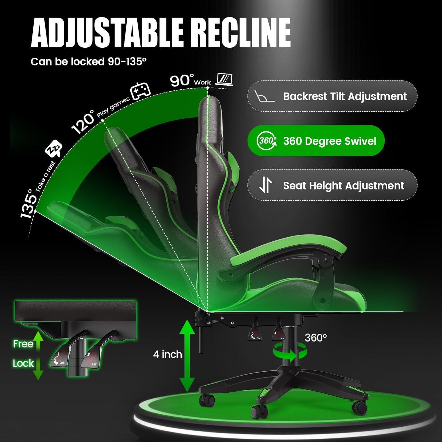 Bigzzia Gaming Chair, Computer Game Chair with Lumbar Support, Comfortable Video Game Chairs for Adults Kids, Racing Style Gamer Chair with 360°-Swivel Seat and Headrest