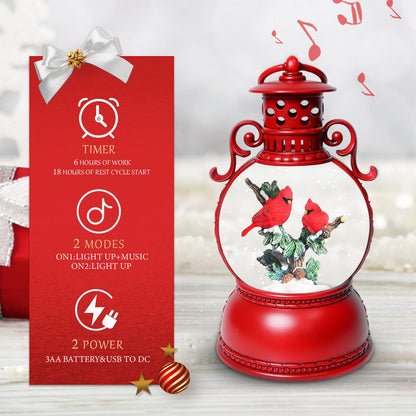 Christmas Snow Globes, Cardinal Christmas Snow Lantern with 8 Songs, 6H Timer Battery & USB Powered Glitter Music Box for Christmas Table Decorations Home Decor